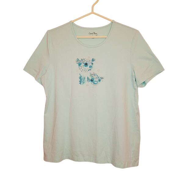 Coral Bay blue rhinestone fish short sleeved t-shirt size large coastal resort - Picture 1 of 6